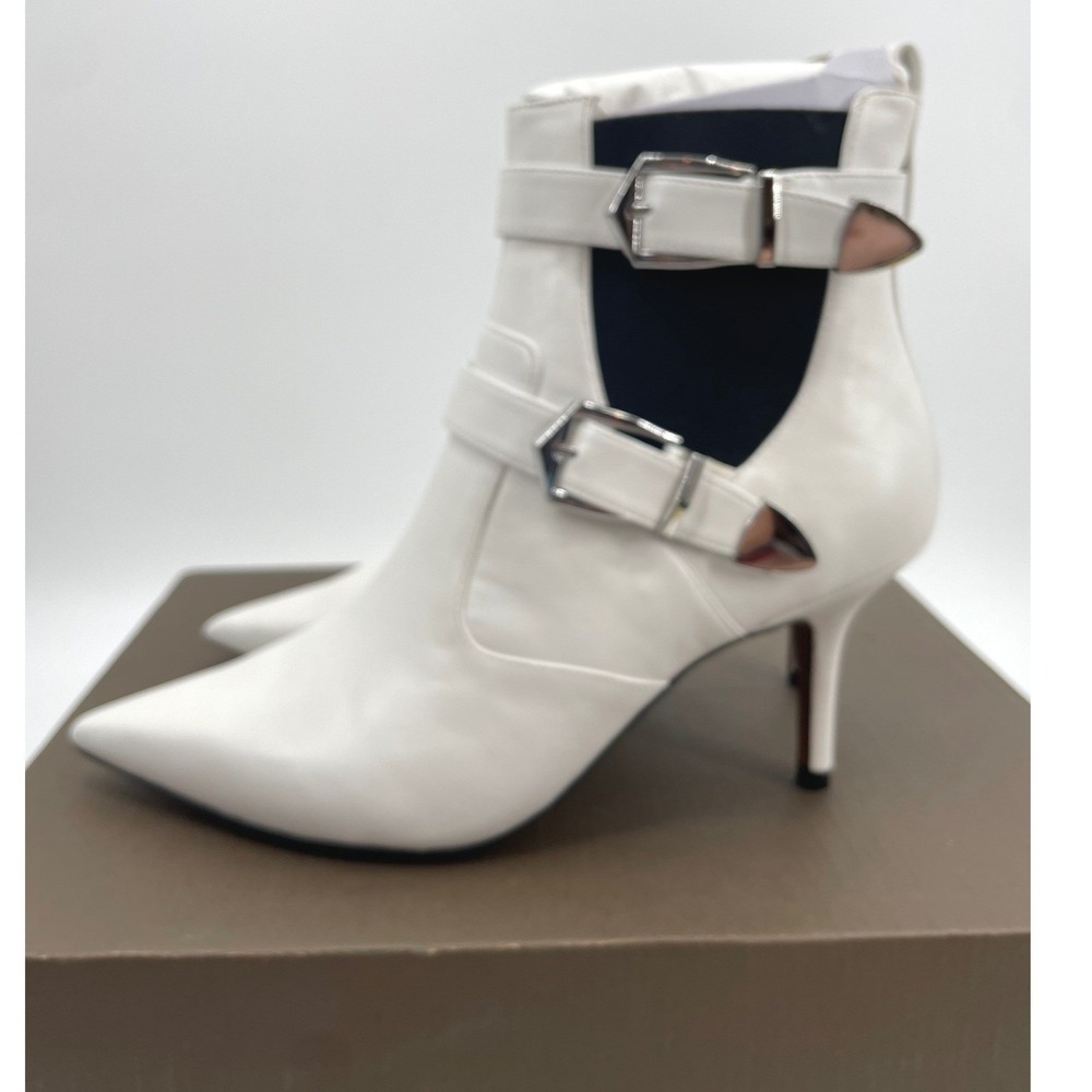 Linea Paolo Nikita Bootie Womens 8.5 White Goat Leather Buckle Stiletto Heel NIB